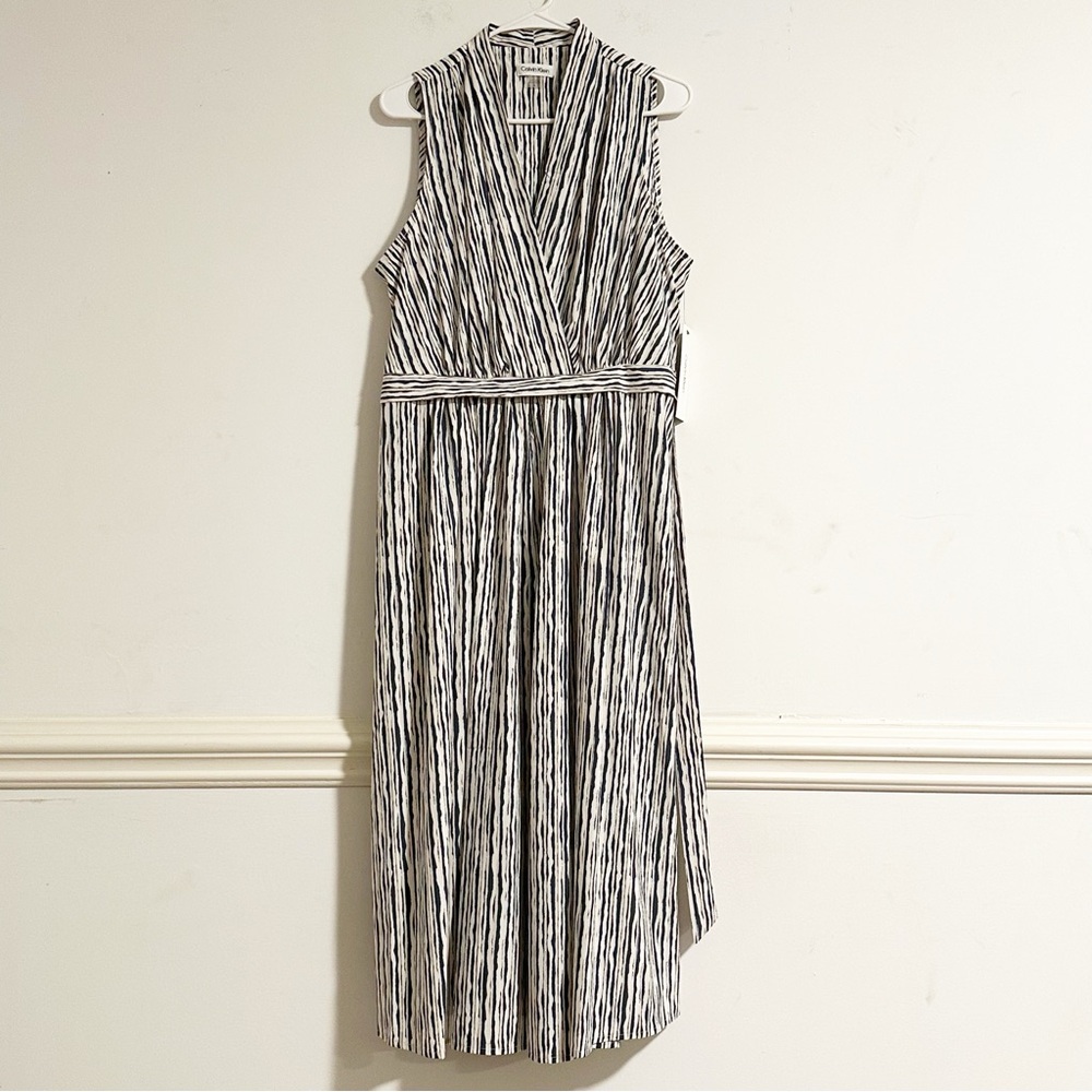 NWT Calvin Klein Sleeveless Striped Faux Wrap Midi Dress - Size 14